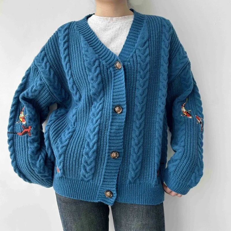 Blue Koi V-neck Embroidered Cardigan