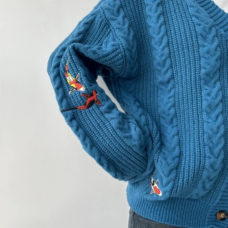 Blue Koi V-neck Embroidered Cardigan