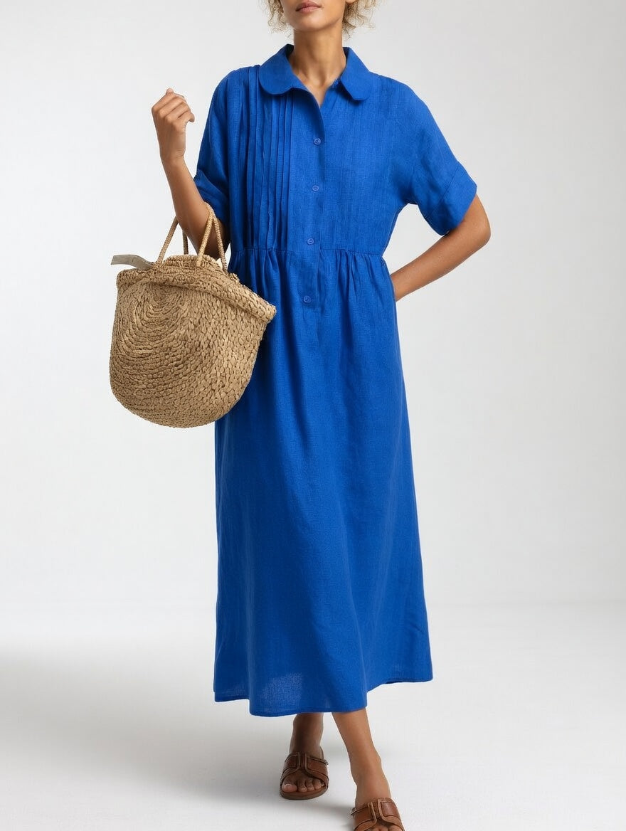 Collared Button Front Pintuck Tiered Maxi Shirt Dress 4