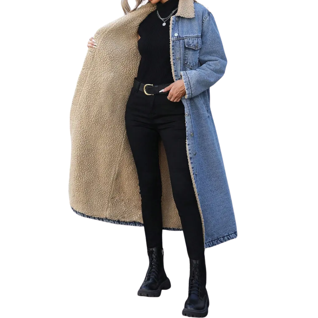 Spread Collar Button Front Fleece Lined Longline Denim Jacket