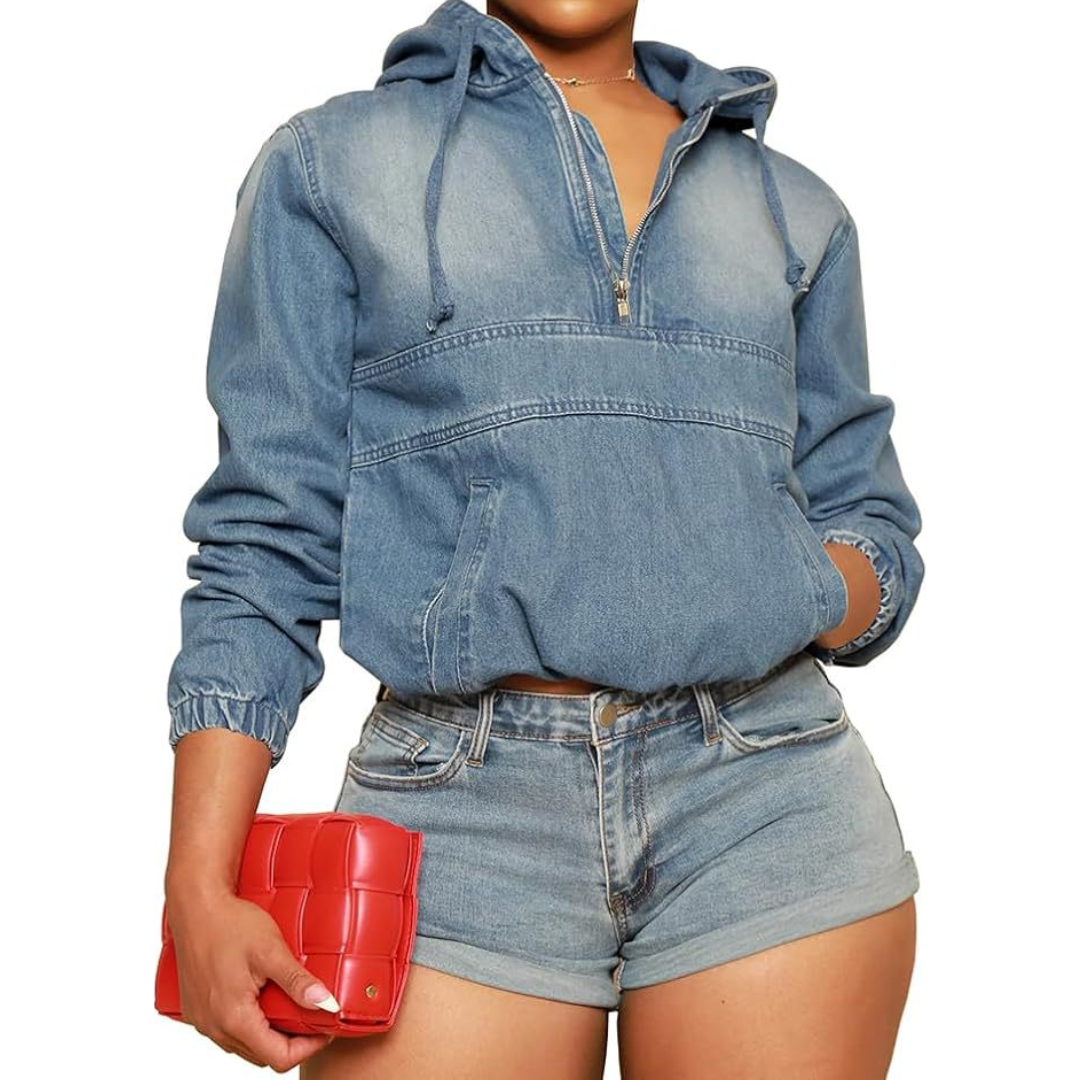 Hooded Quarter Zip Kangaroo Pocket Denim Pullover Jacket 2