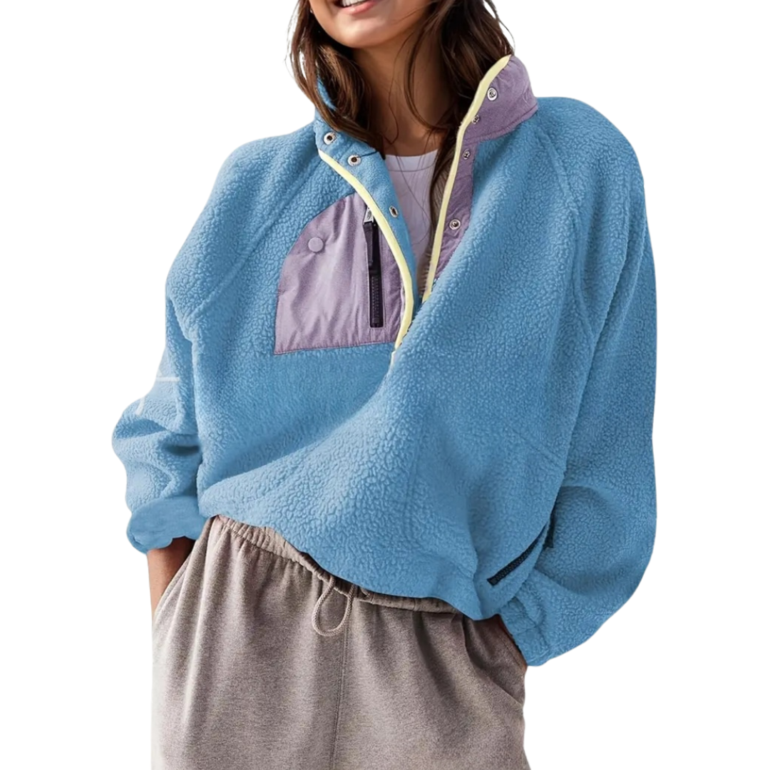 Stand Collar Snap Button Zip Pocket Oversized Sherpa Fleece Pullover 5