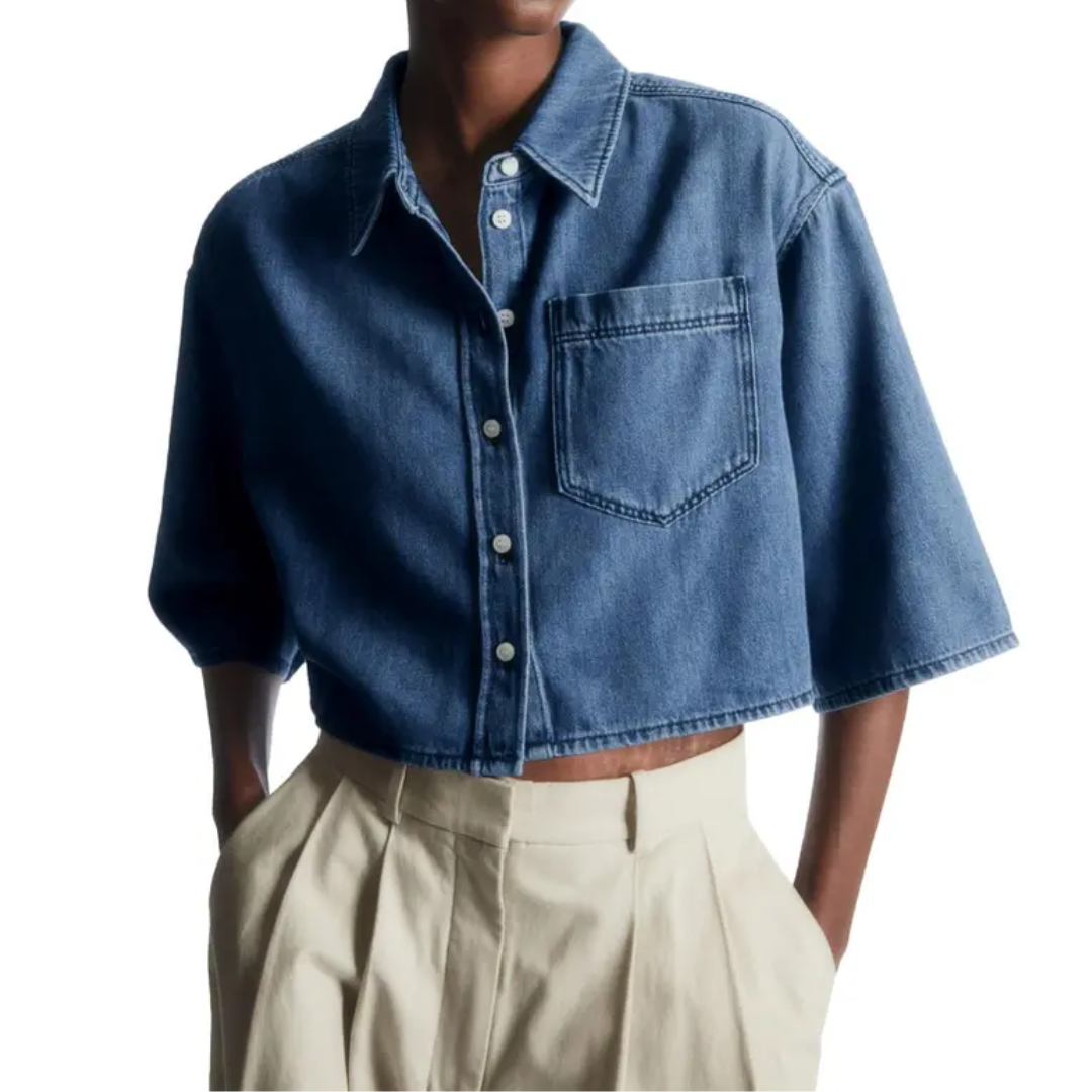 Cropped Short Sleeve Chest Pocket Denim Shirt 2
