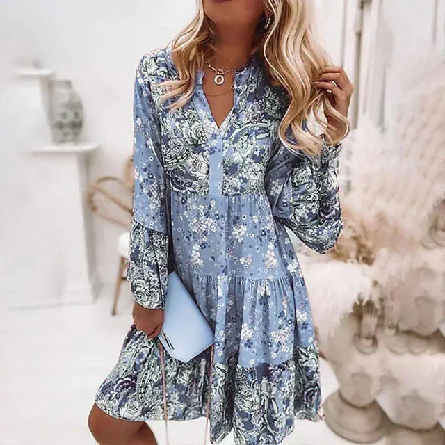 Stand Collar V-Neck Button Front Lantern Sleeve Tiered Mini Dress