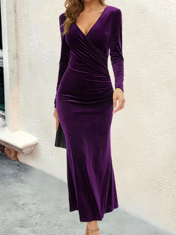 Velvet Deep V-Neck Long Sleeve Wrap Ruched Maxi Dress - View 3