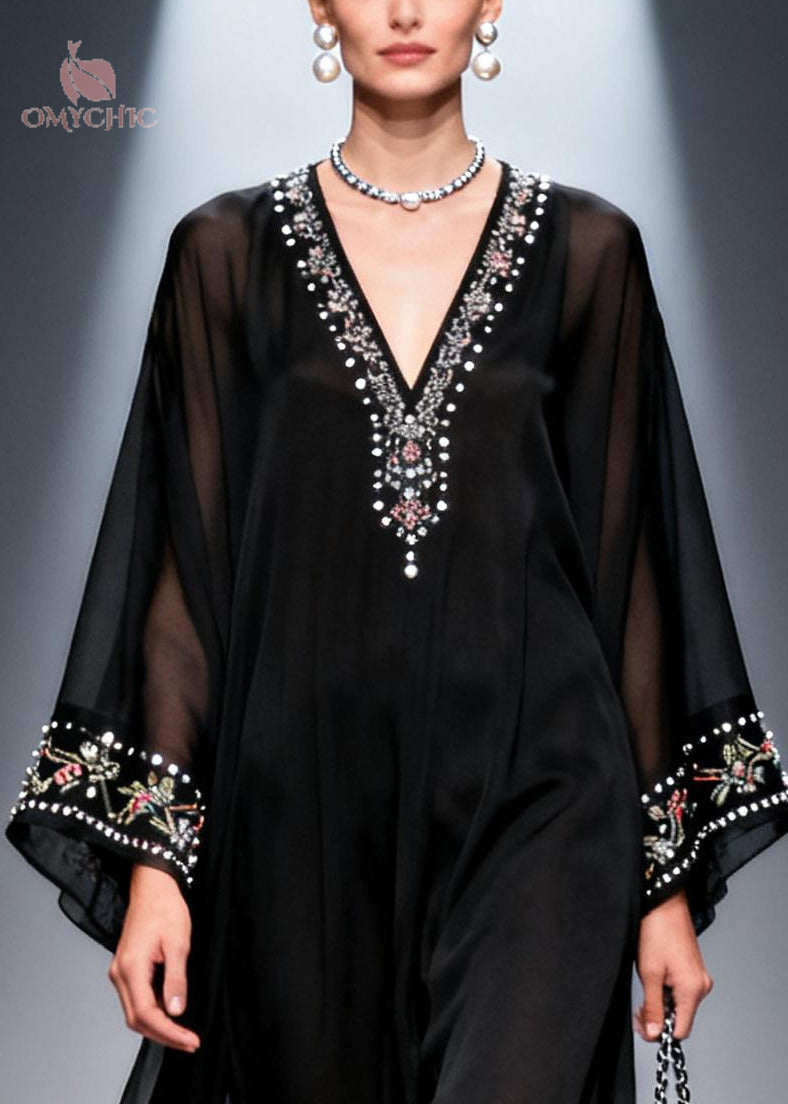 Sheer Chiffon Deep V-Neck Embroidered Bell Sleeve Maxi Gown - View 3
