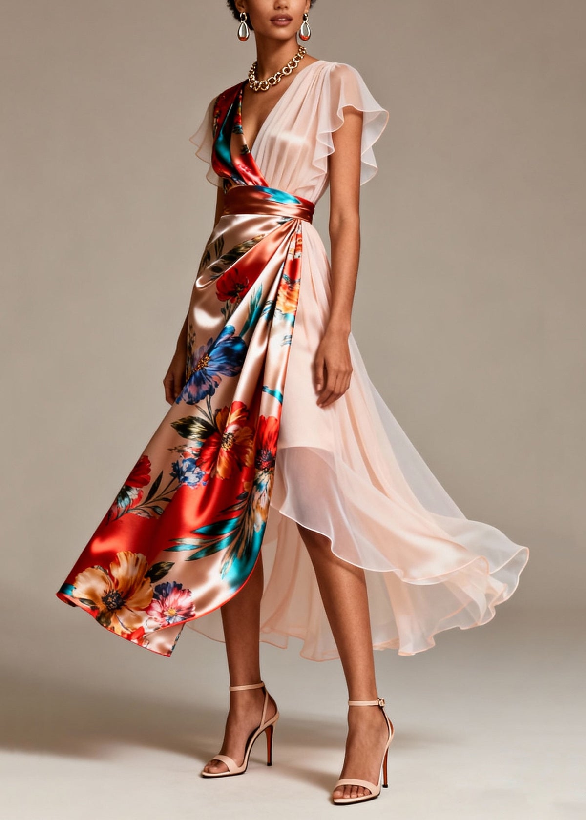 Satin Chiffon Floral Print Deep V-Neck Flutter Sleeve Midi Dress