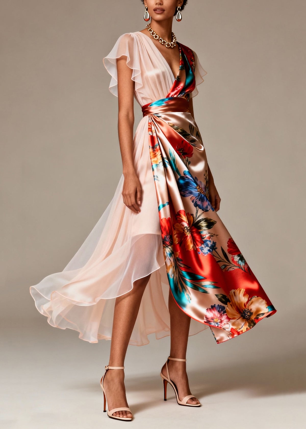 Satin Chiffon Floral Print Deep V-Neck Flutter Sleeve Midi Dress - View 3