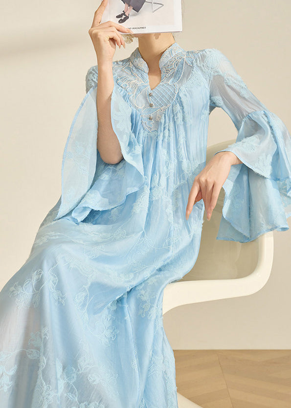 Embroidered Stand Collar V-Neck Tiered Bell Sleeve Maxi Gown - View 4