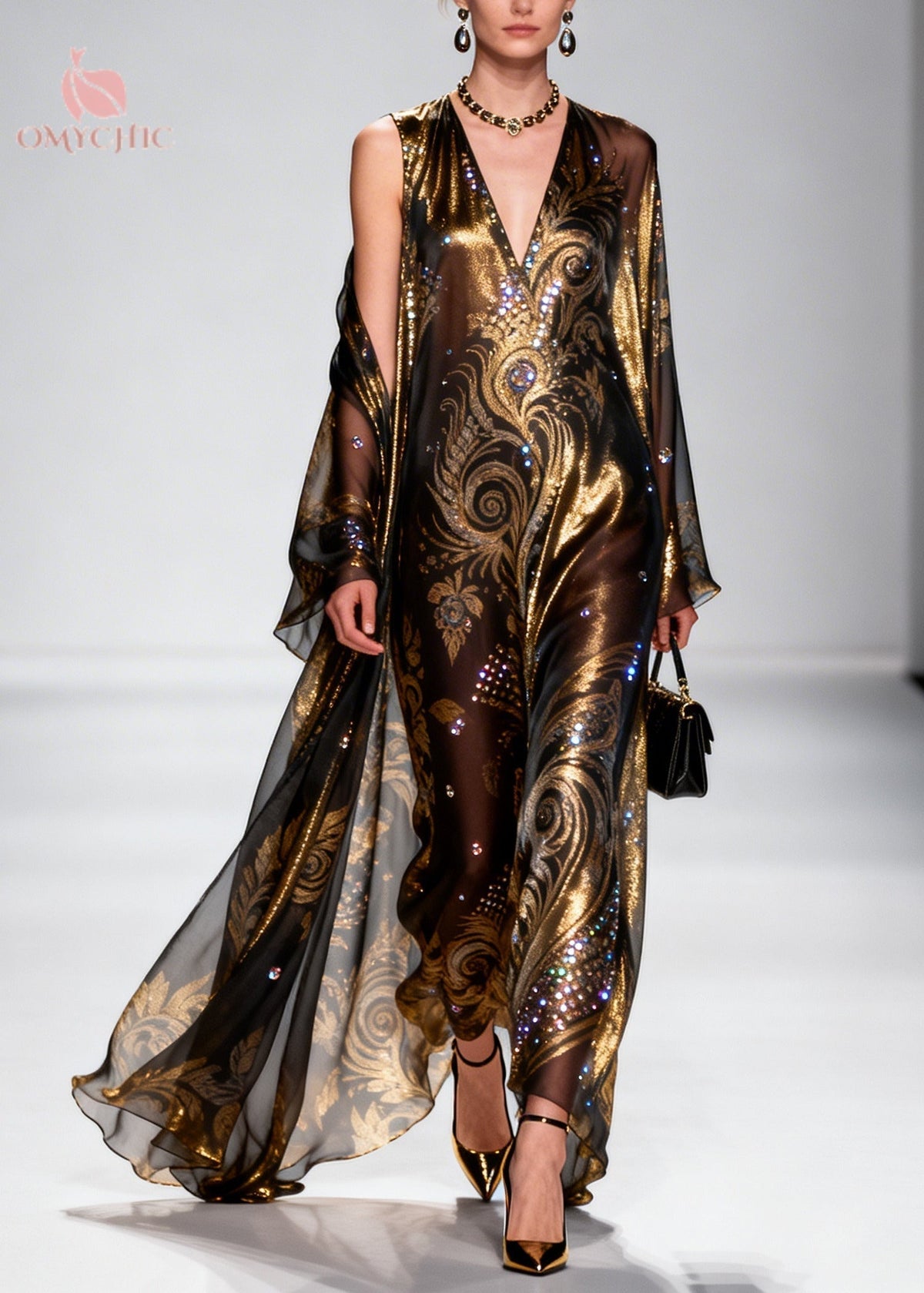 Mesh Baroque Paisley Sequin Deep V-Neck Sleeveless Sheer Set - View 5