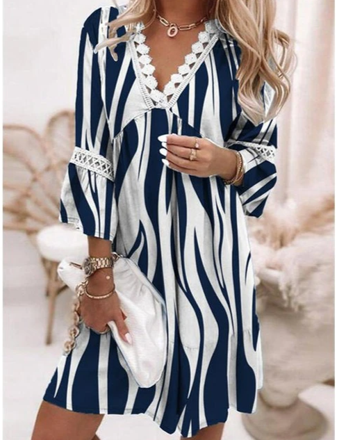 Abstract Stripe Lace Trim V-Neck Bell Sleeve Mini Summer Dress - View 4