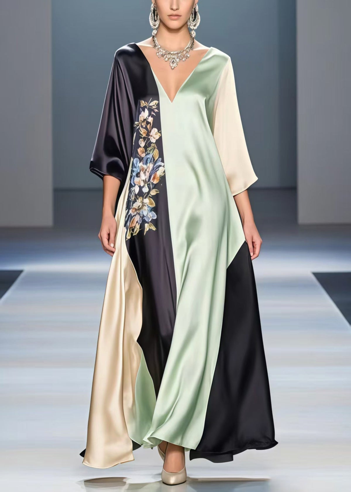 Deep V-Neck Sleeve Floral Embroidery Color Block Kaftan Maxi Gown - View 5