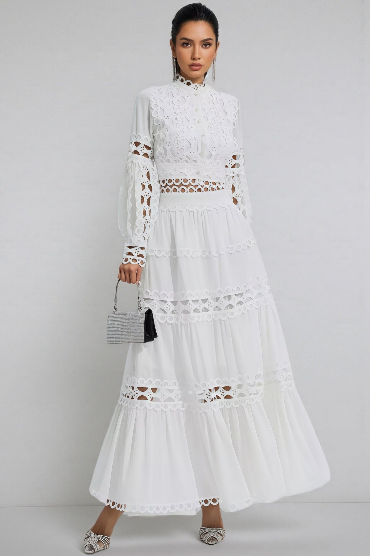 Alerolt White Lace Hollow Maxi Dress Set