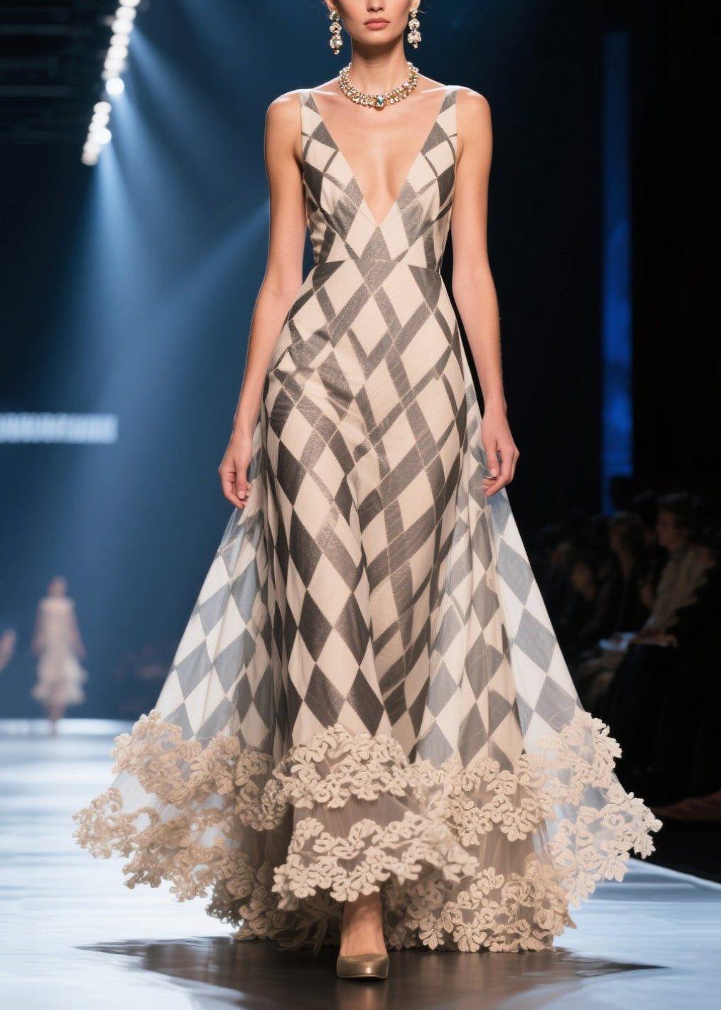 Argyle Print Deep V-Neck Spaghetti Strap Scalloped Lace Hem Maxi Gown