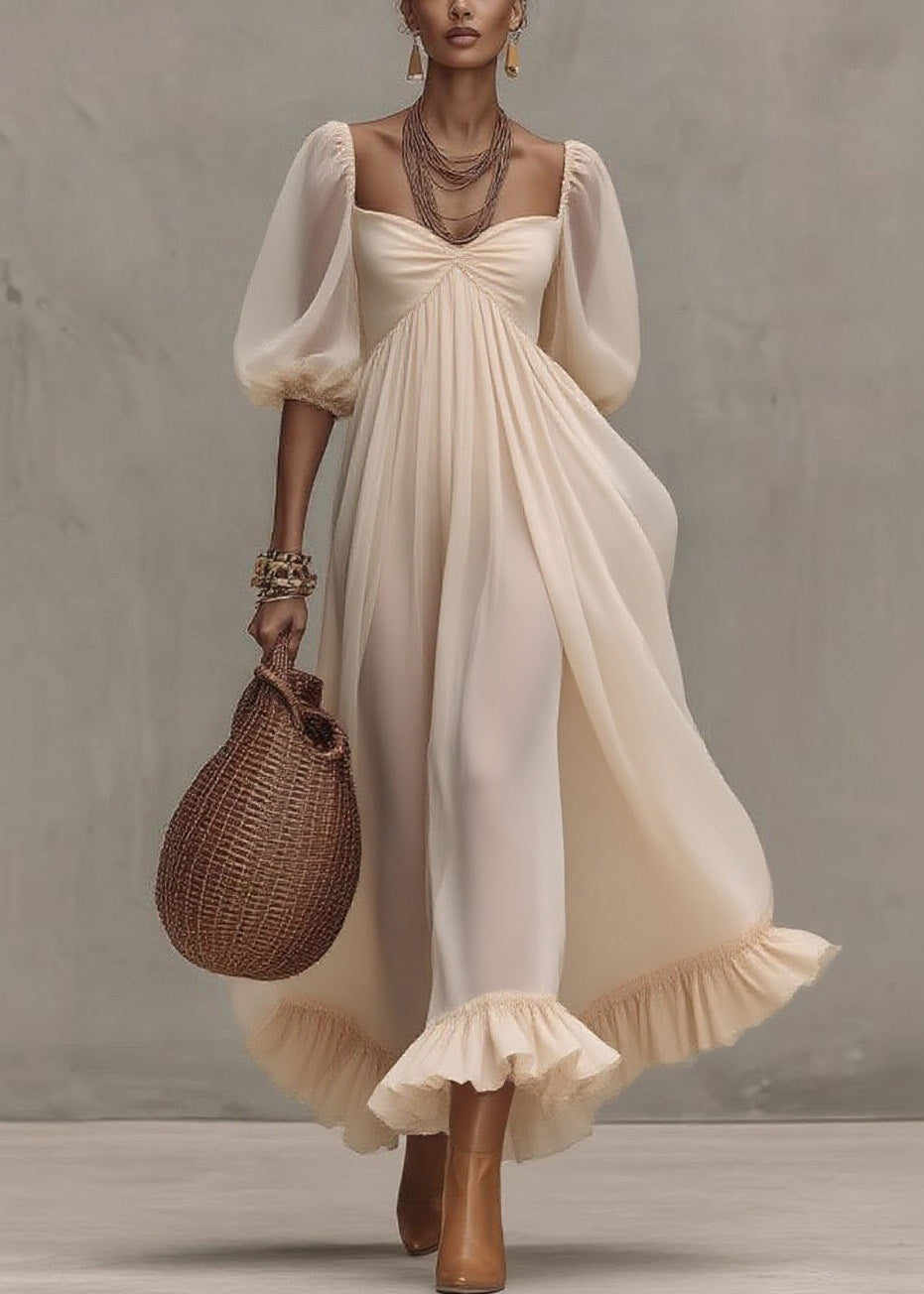 Chiffon Square Neck Puff Sleeve Ruffle Hem Empire Maxi Dress