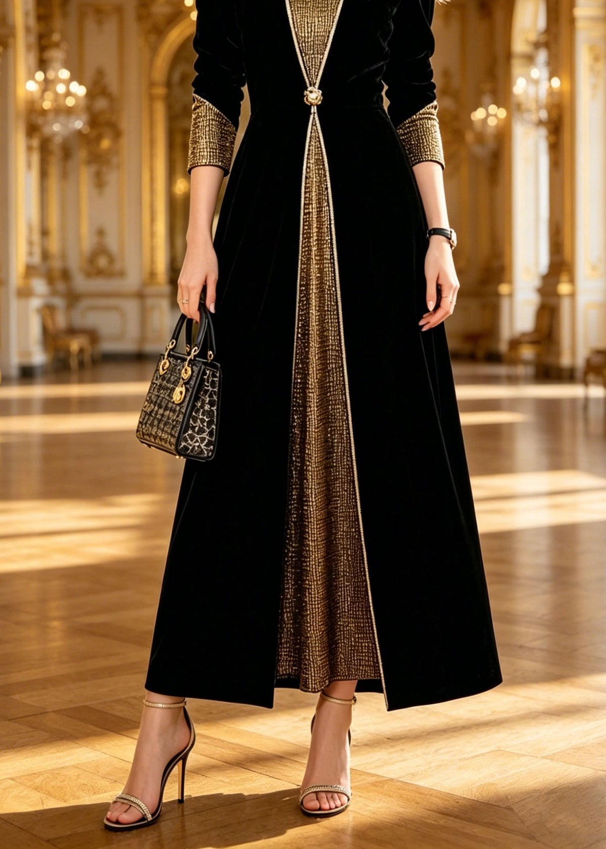 Velvet Long Sleeve V-Neck Metallic Panel Button Waist Maxi Dress - View 4
