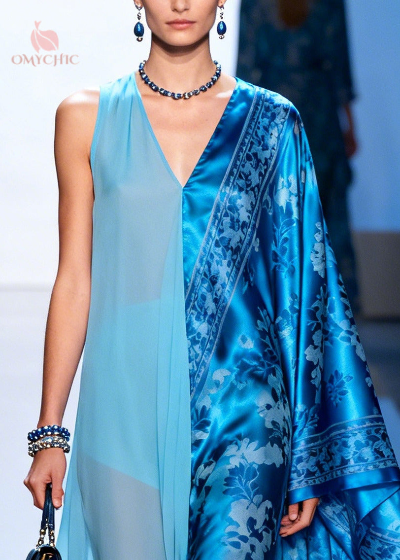 Asymmetric Deep V-Neck Floral Damask Cape Sleeve Sheer Panel Maxi Gown - View 2