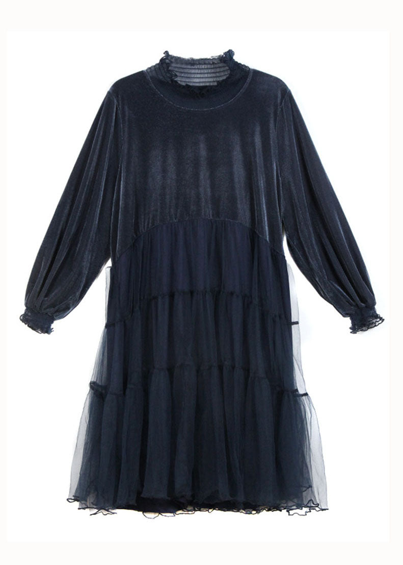 High Neck Long Sleeve Velvet Tiered Tulle Midi Dress 5