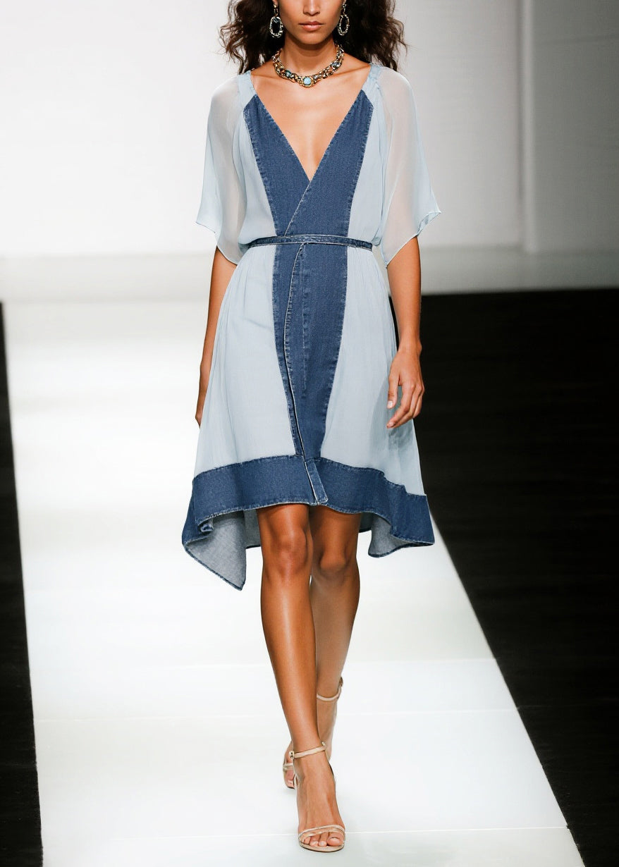Denim Chiffon Patchwork V-Neck Flutter Sleeve Wrap High Low Tea Dress - View 3