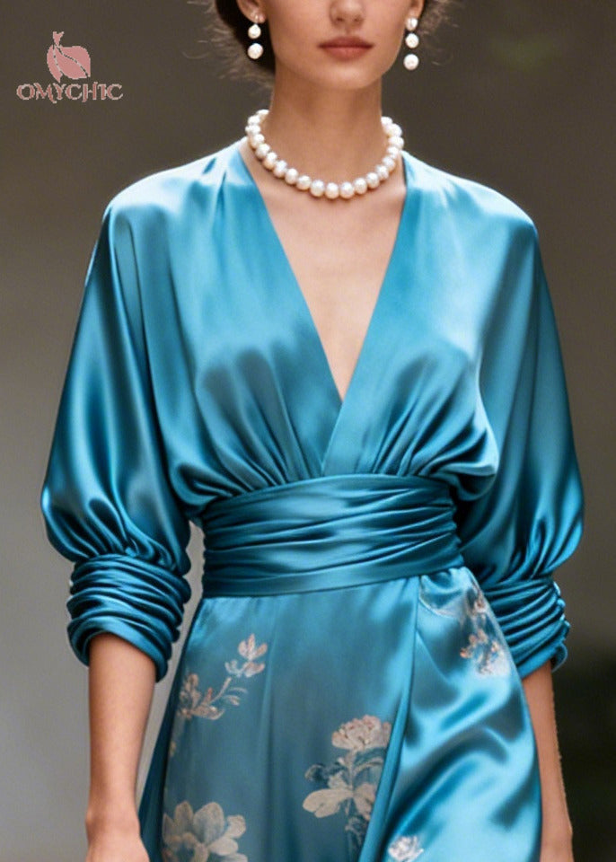 Satin Floral Deep V-Neck Batwing Sleeve Wrap Maxi Dress - View 2