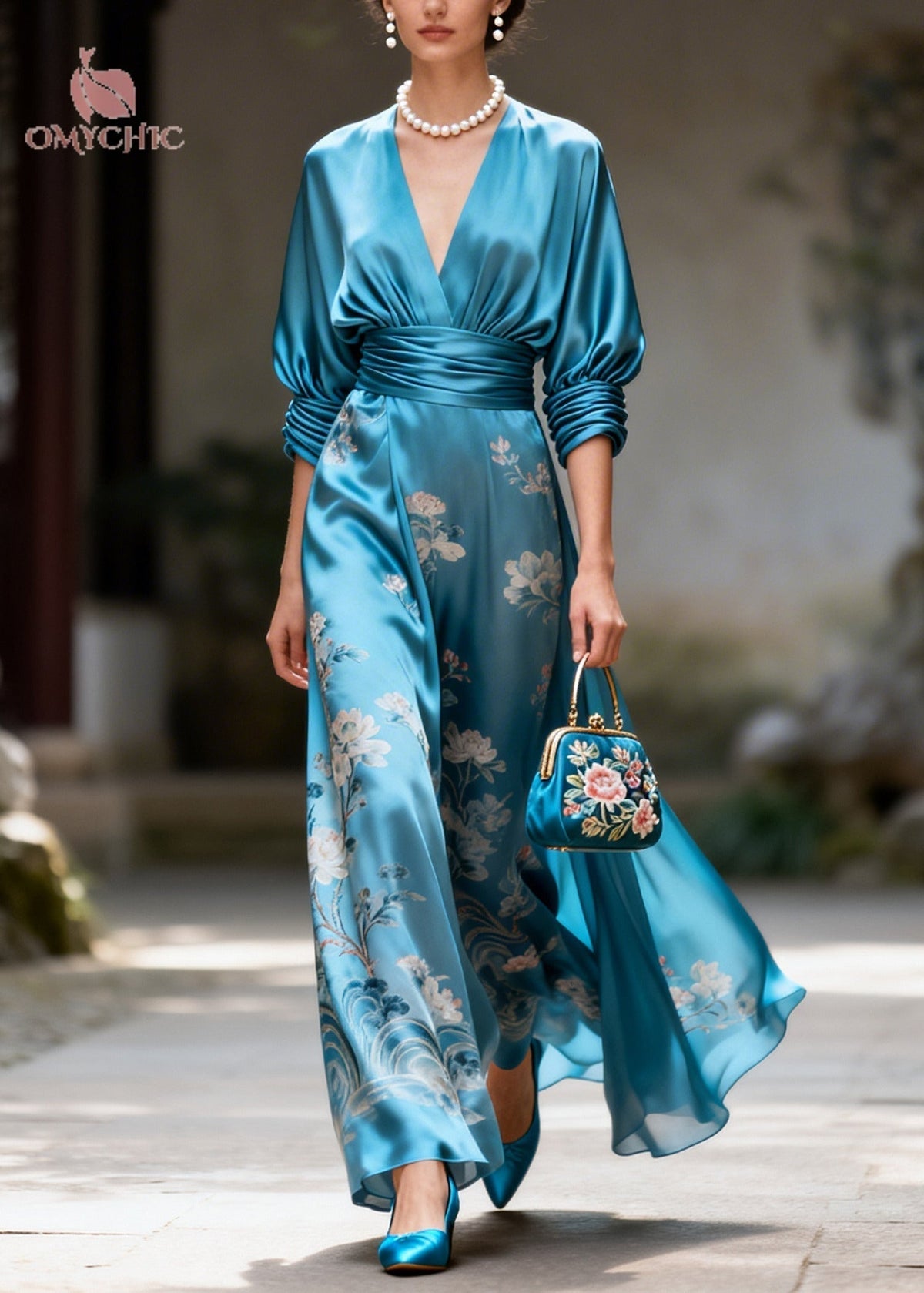 Satin Floral Deep V-Neck Batwing Sleeve Wrap Maxi Dress - View 3