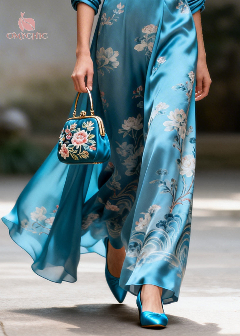 Satin Floral Deep V-Neck Batwing Sleeve Wrap Maxi Dress - View 4