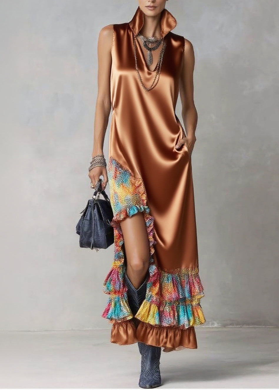 Satin High Collar Deep V-Neck Sleeveless Ruffle Slit Maxi Dress - View 3