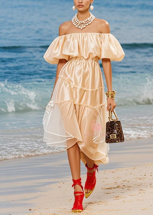 Off Shoulder Puff Sleeve Tiered Ruffle Sheer Panel Satin Midi Dress - View 3