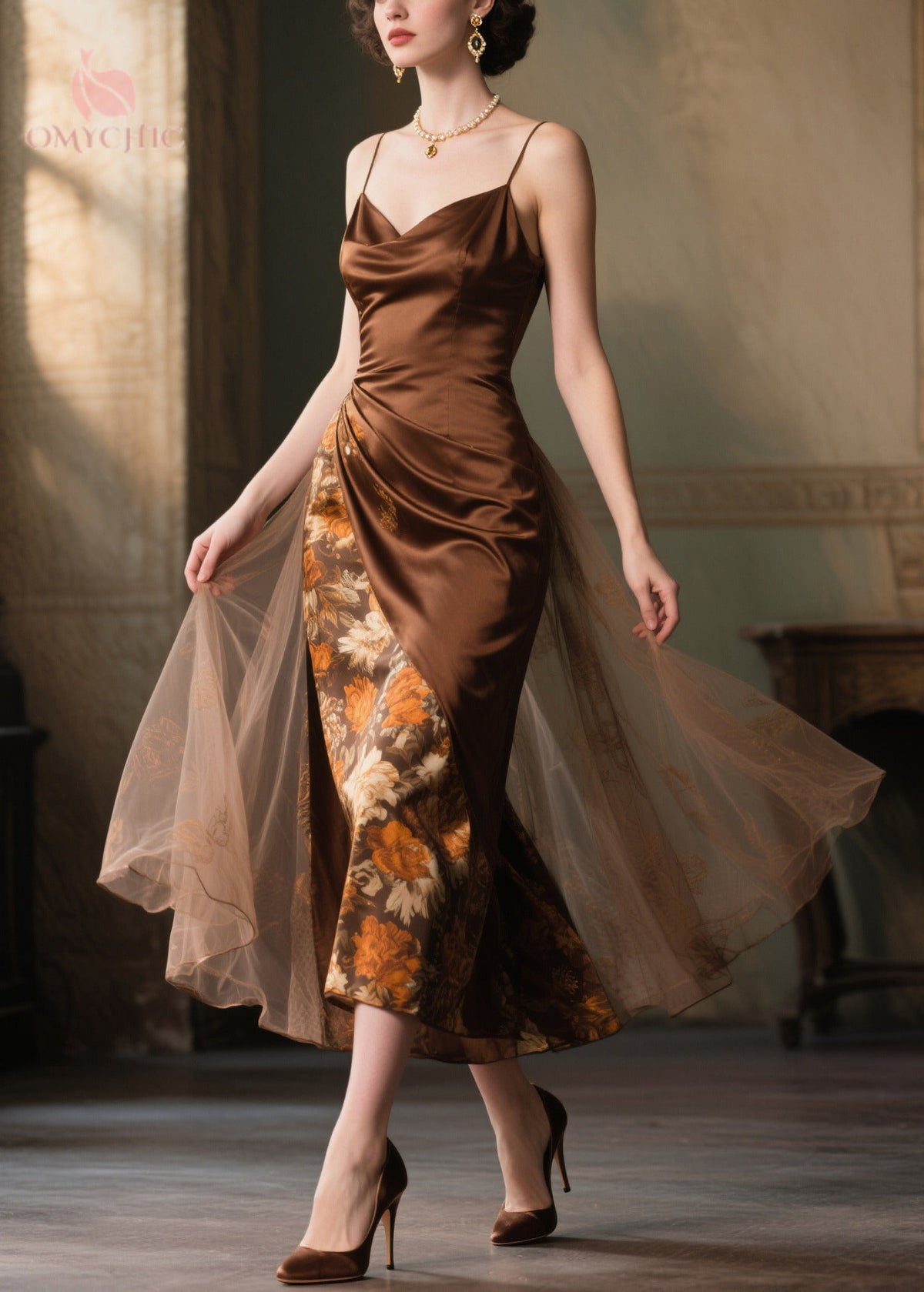 Cowl Neck Spaghetti Strap Asymmetric Floral Panel Wrap Midi Dress - View 3