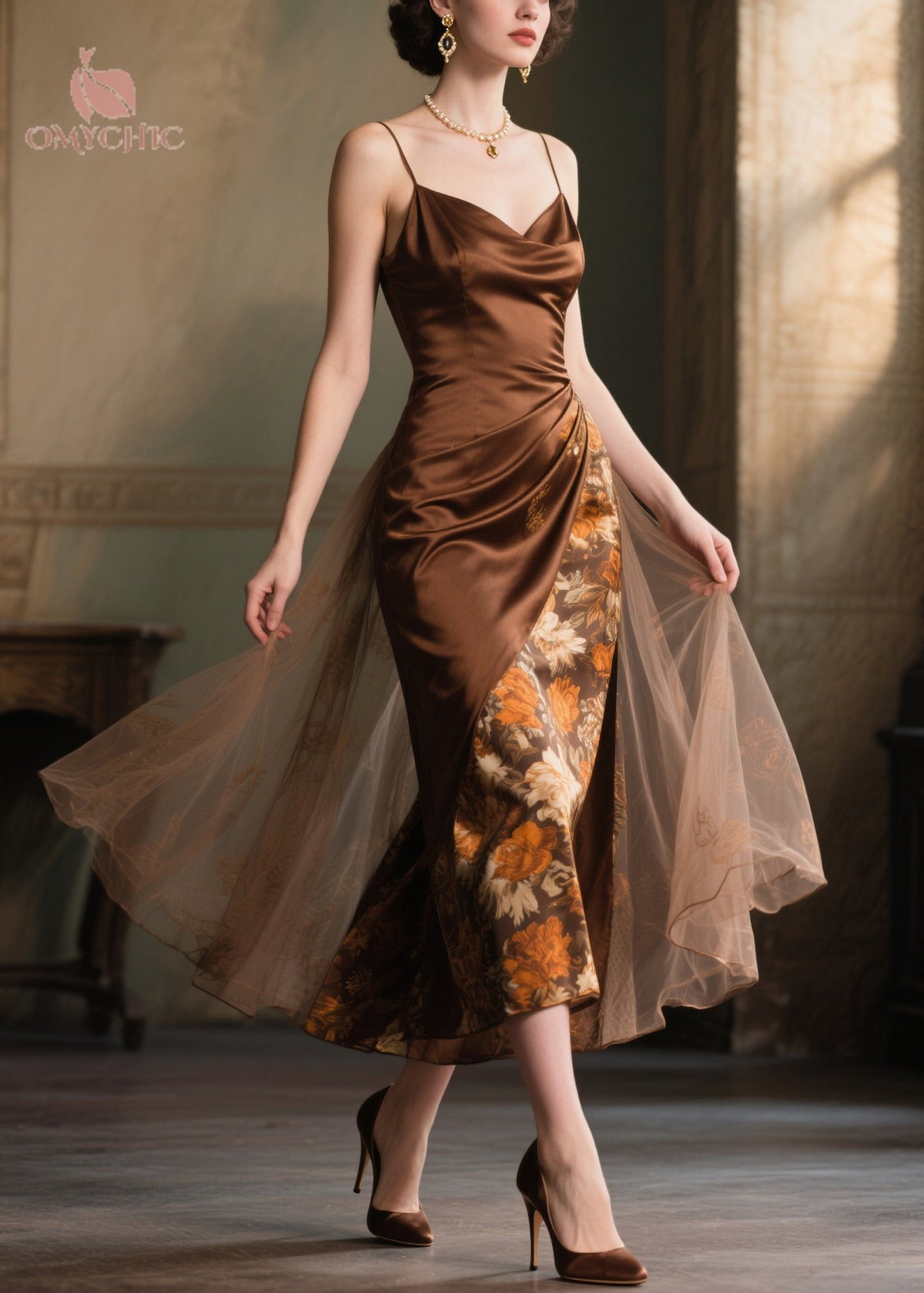 Cowl Neck Spaghetti Strap Asymmetric Floral Panel Wrap Midi Dress - View 5