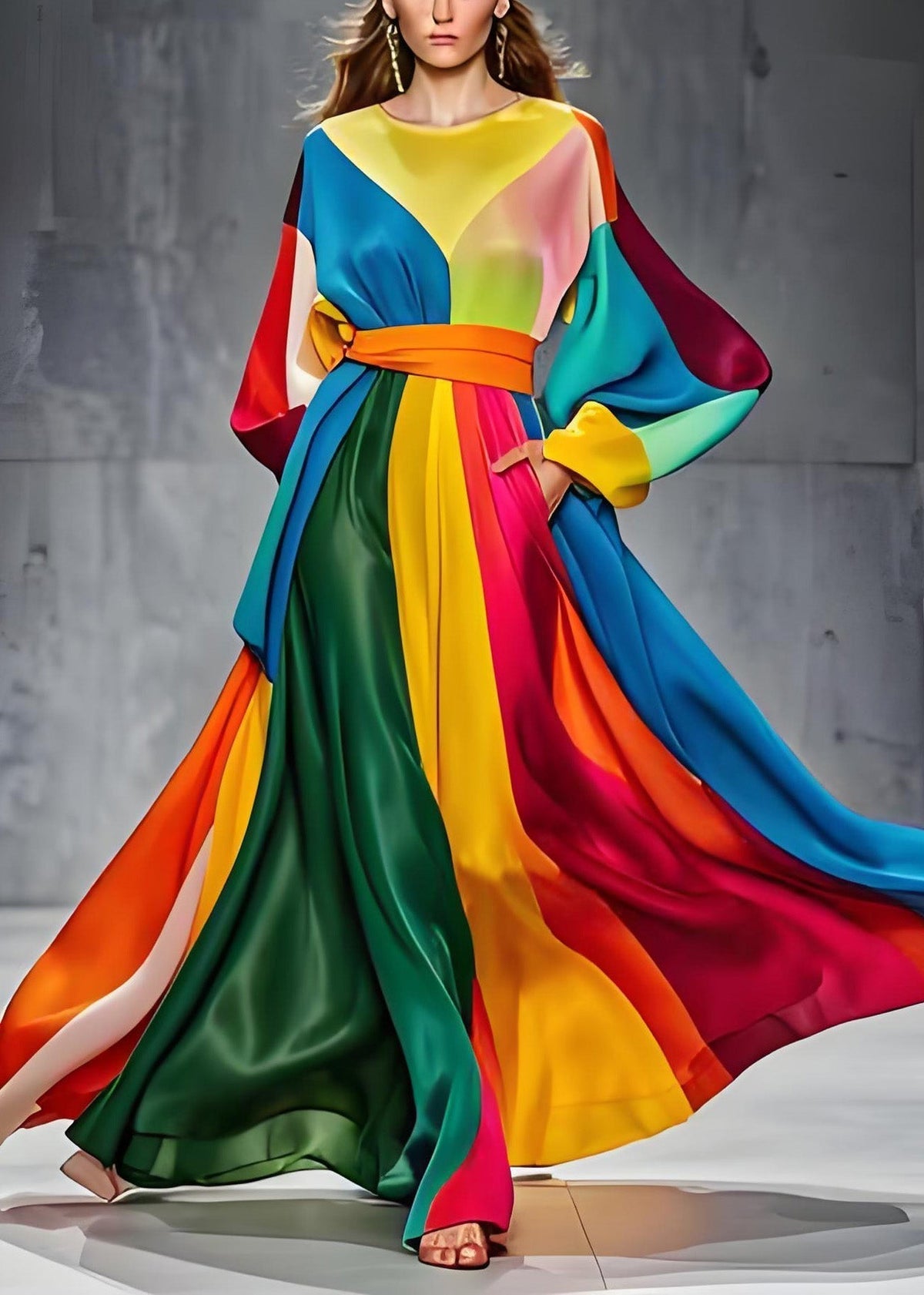Satin Round Neck Bishop Sleeve Belted Geometric Maxi Gown