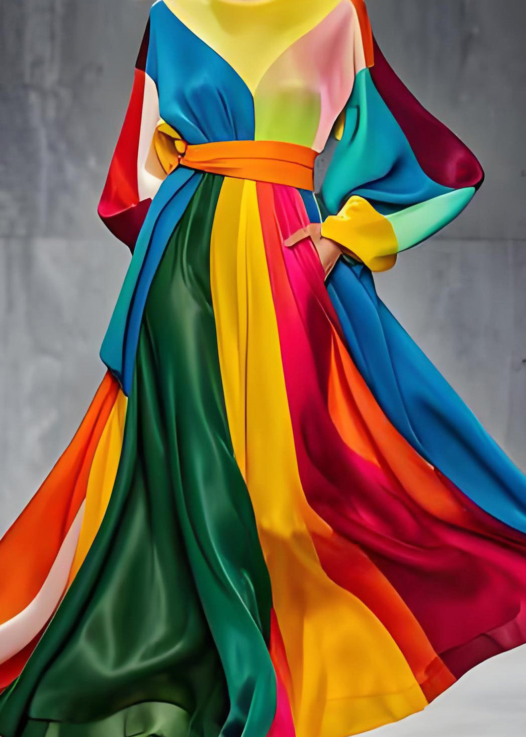 Satin Round Neck Bishop Sleeve Belted Geometric Maxi Gown - View 4