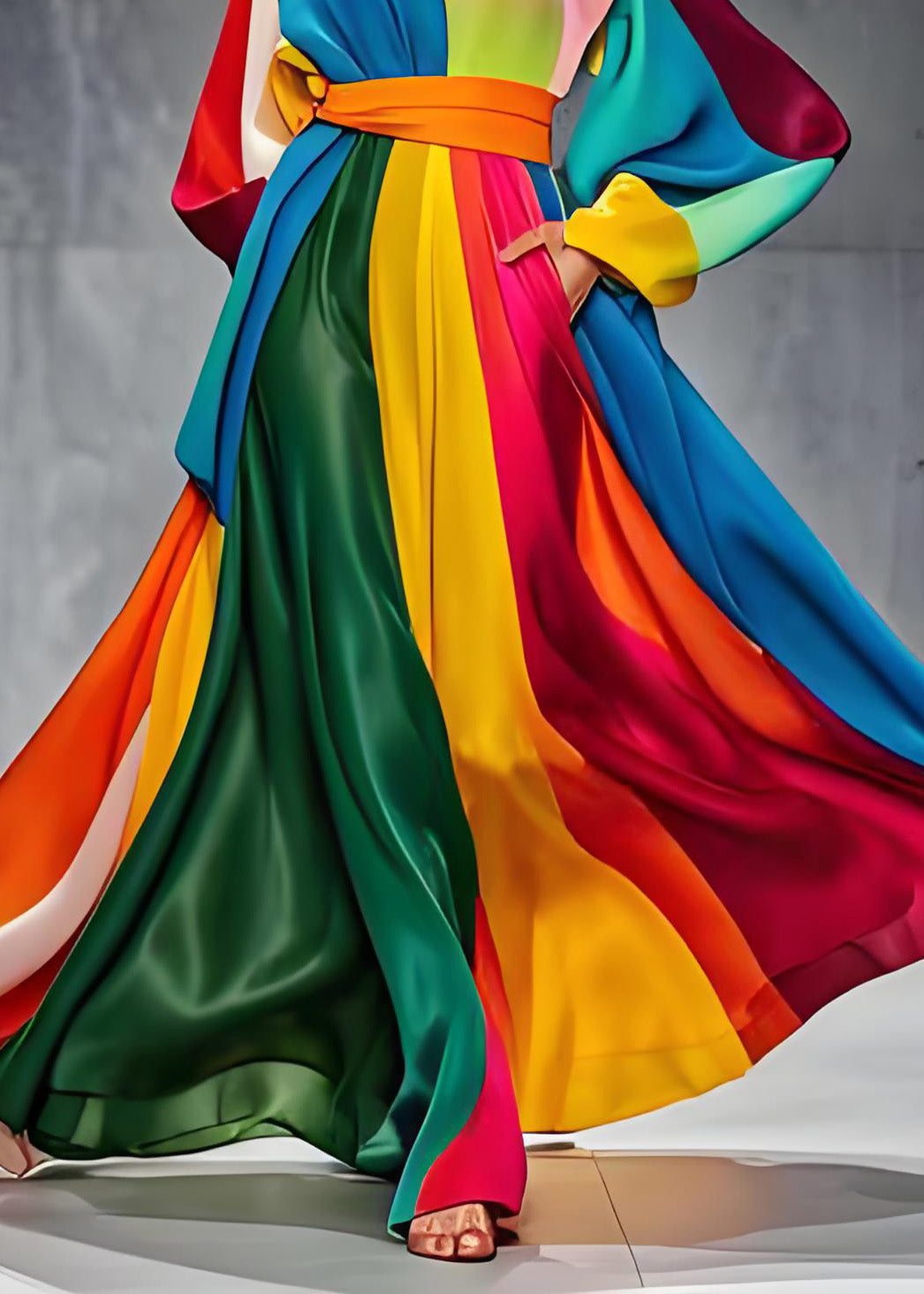 Satin Round Neck Bishop Sleeve Belted Geometric Maxi Gown - View 5