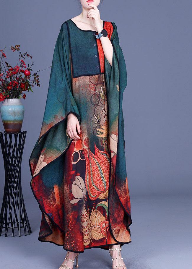 Floral Print Patchwork Button Front Batwing Sleeve Maxi Dress - View 3