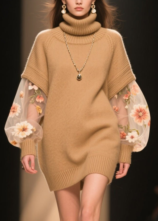 Turtleneck Floral Embroidered Mesh Sweater Mini Dress - View 2