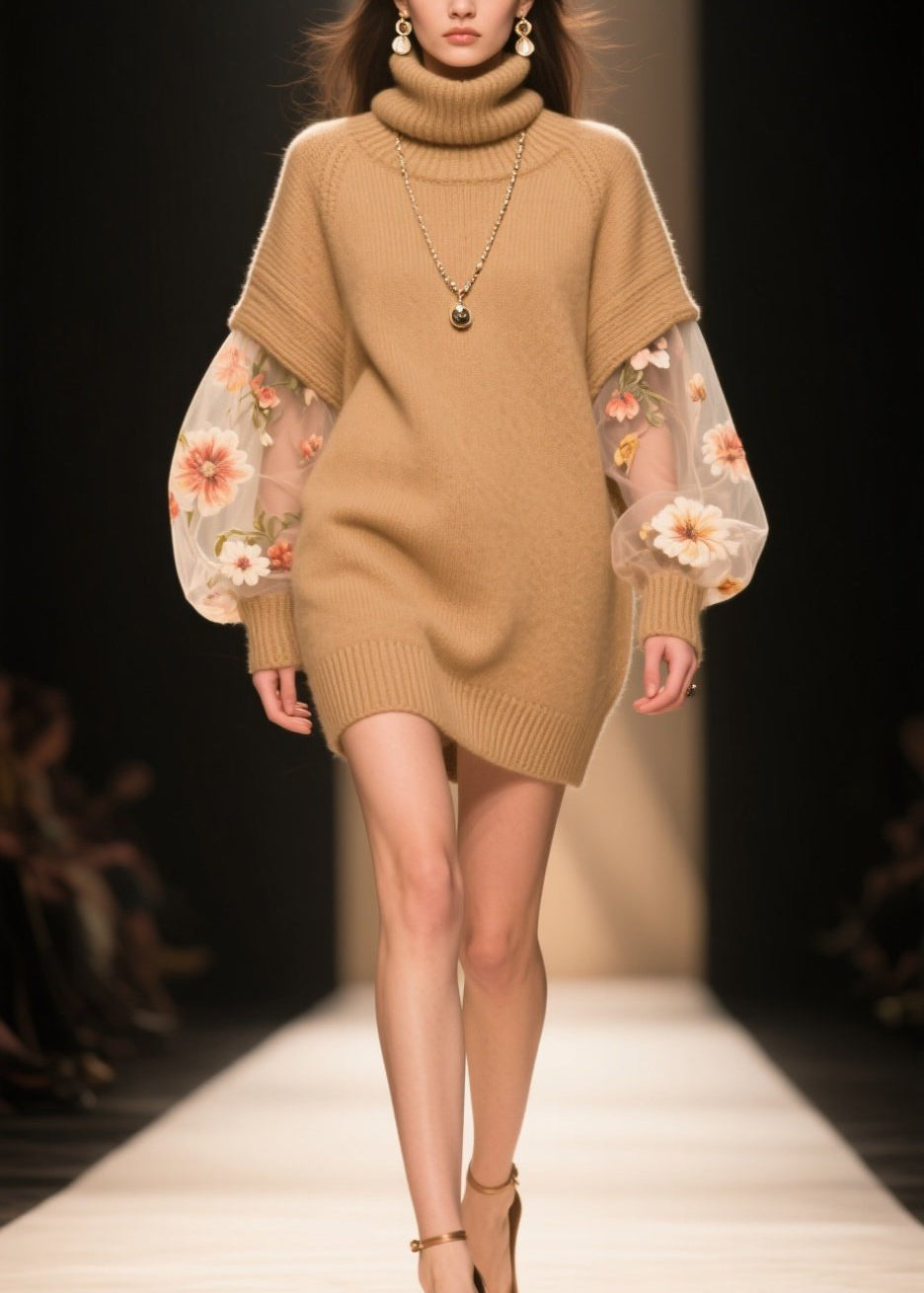 Turtleneck Floral Embroidered Mesh Sweater Mini Dress - View 3