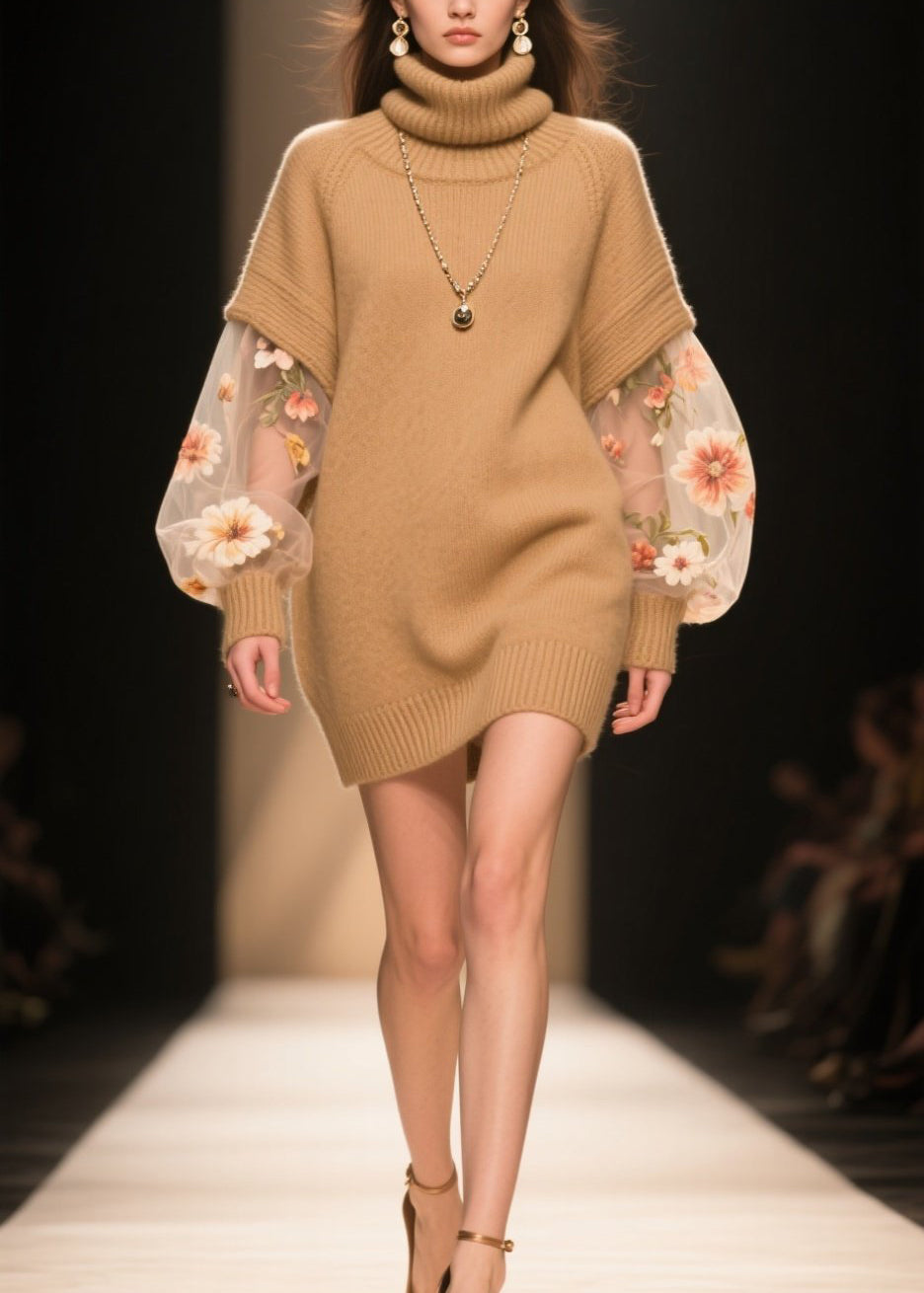 Turtleneck Floral Embroidered Mesh Sweater Mini Dress - View 5