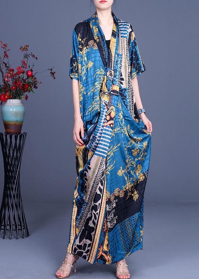 Patchwork Print V-Neck Short Sleeve Draped Wrap Oversized Maxi Dress - View 3