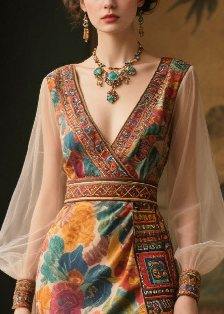 Floral Print Wrap Deep V-Neck Embroidered Trim Maxi Gown - View 2