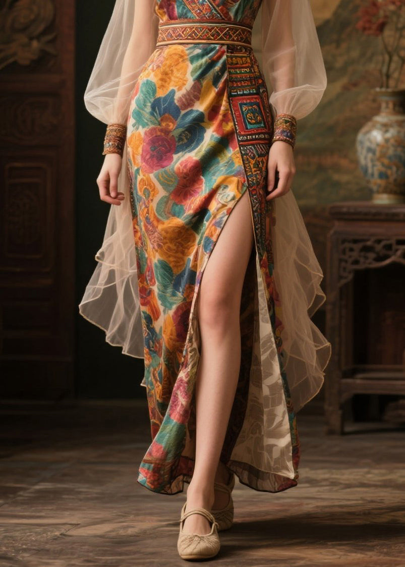 Floral Print Wrap Deep V-Neck Embroidered Trim Maxi Gown - View 4