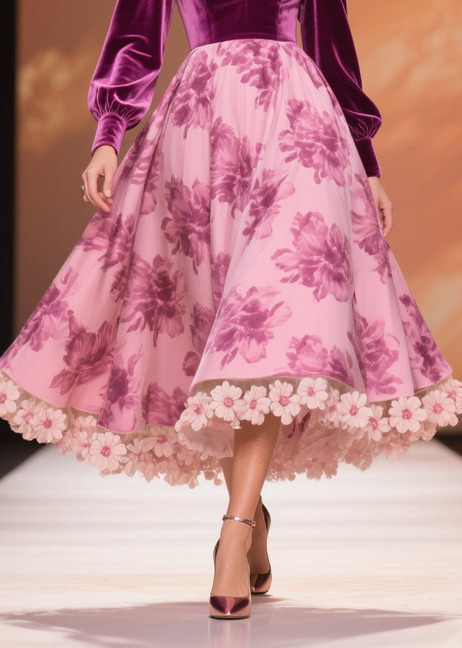Velvet Patchwork Floral Print Deep V-Neck A-Line Midi Dress - View 4