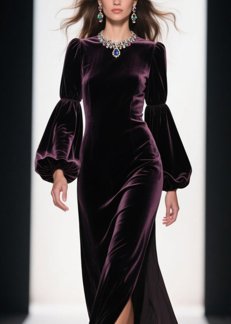 Velvet Jewel Neck Bishop Sleeve High Split Floor Length Gown - View 2