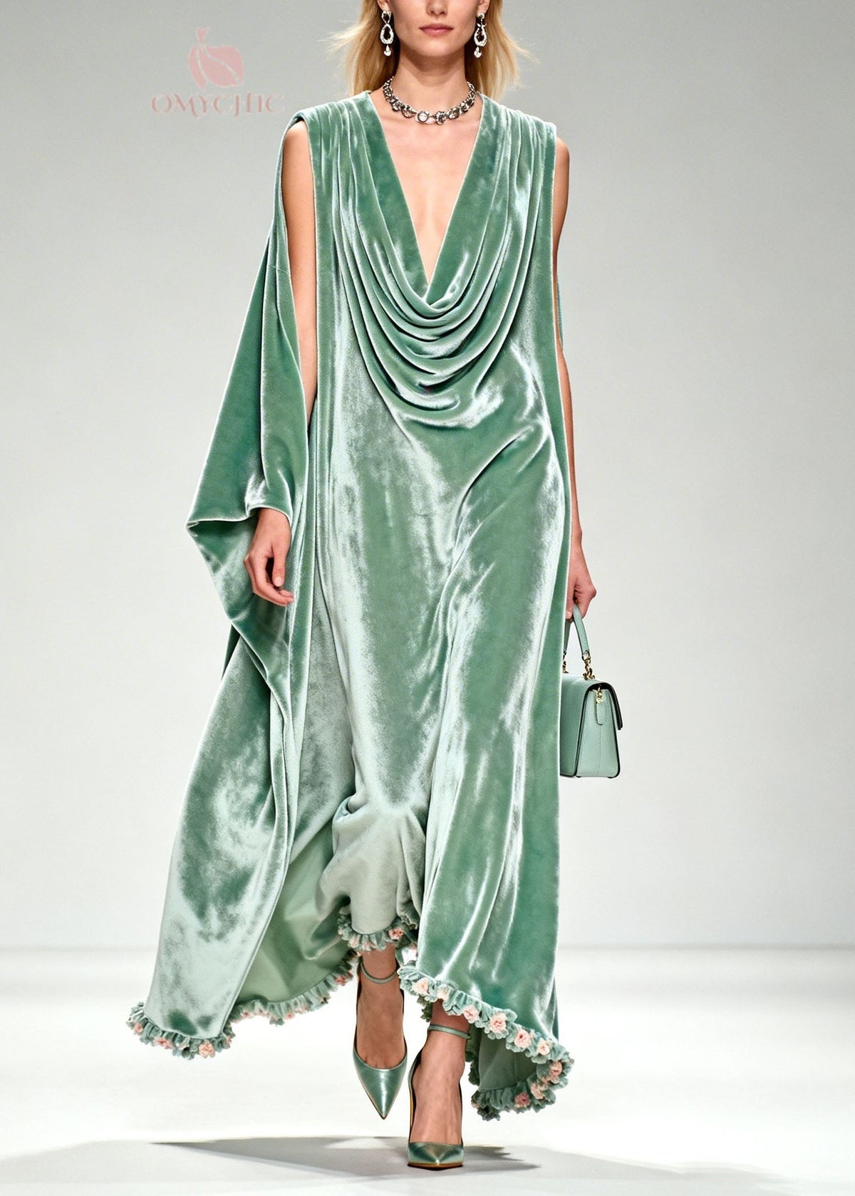 Cowl Neck Draped Velvet Floral Trim Maxi Dress