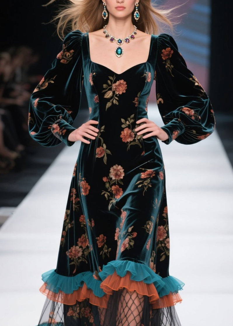 Floral Velvet Square Neck Puff Sleeve Tiered Ruffle Hem Maxi Dress 2