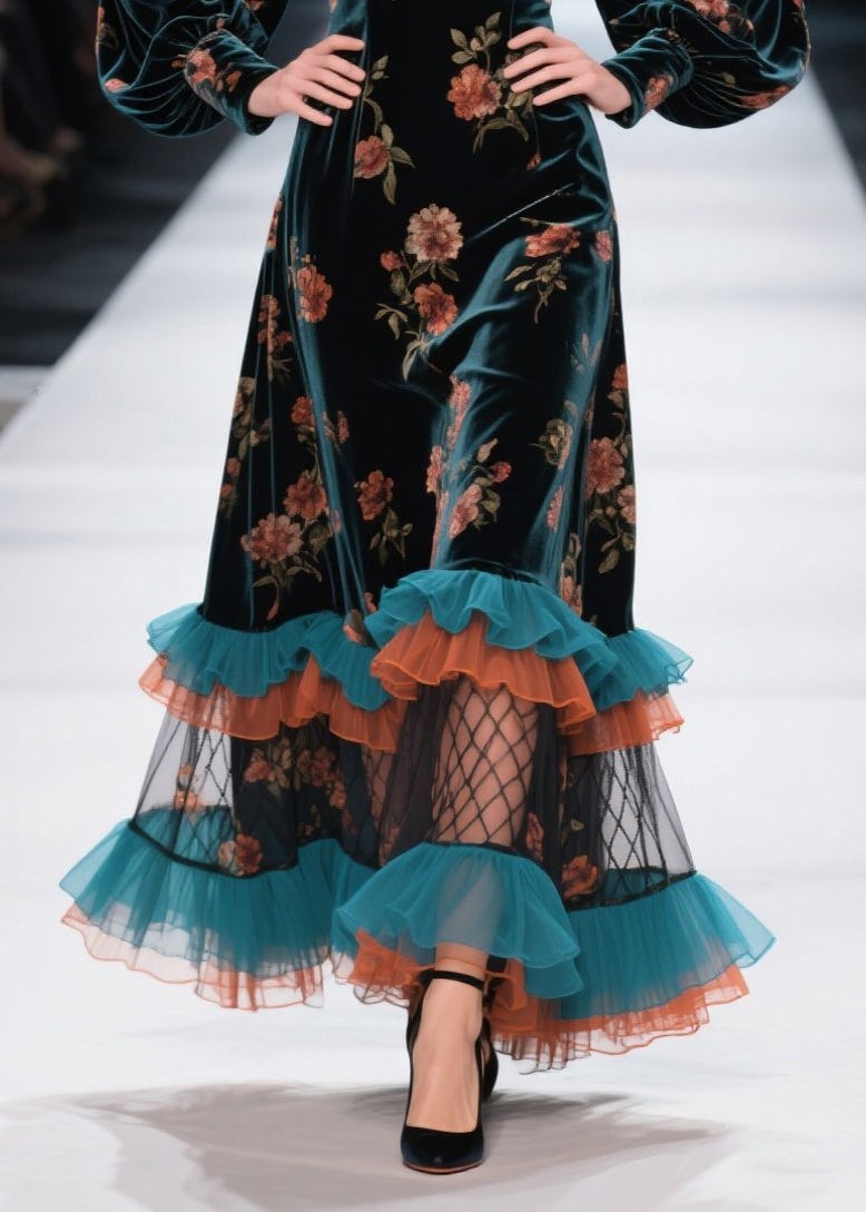 Floral Velvet Square Neck Puff Sleeve Tiered Ruffle Hem Maxi Dress 4