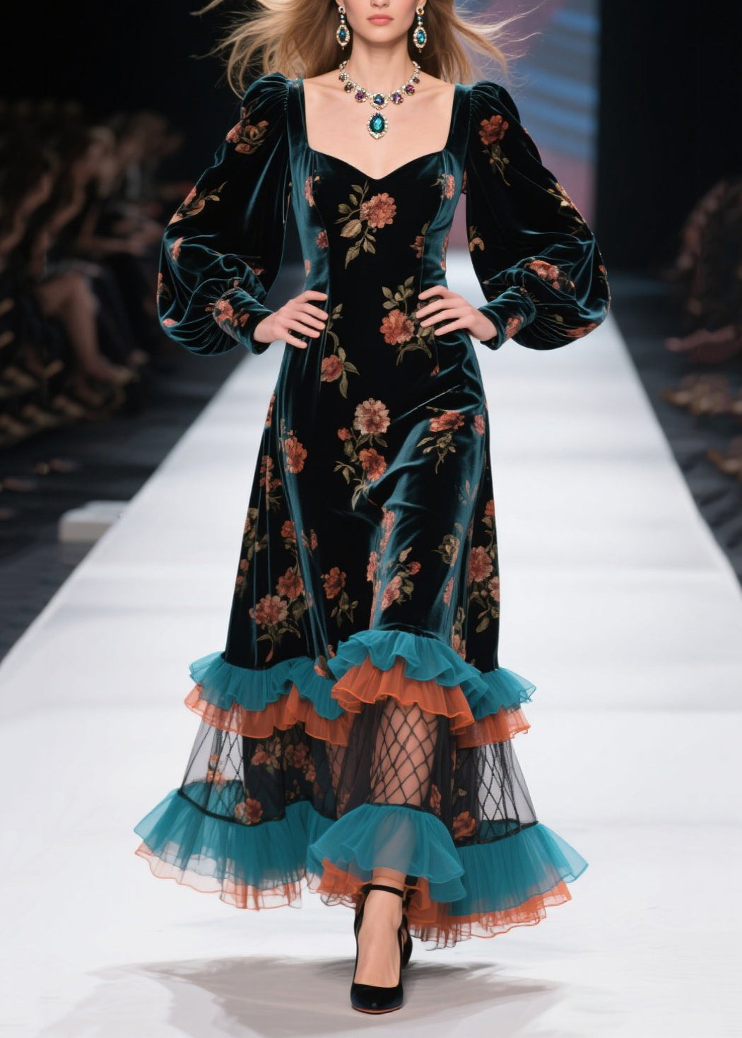 Floral Velvet Square Neck Puff Sleeve Tiered Ruffle Hem Maxi Dress 5