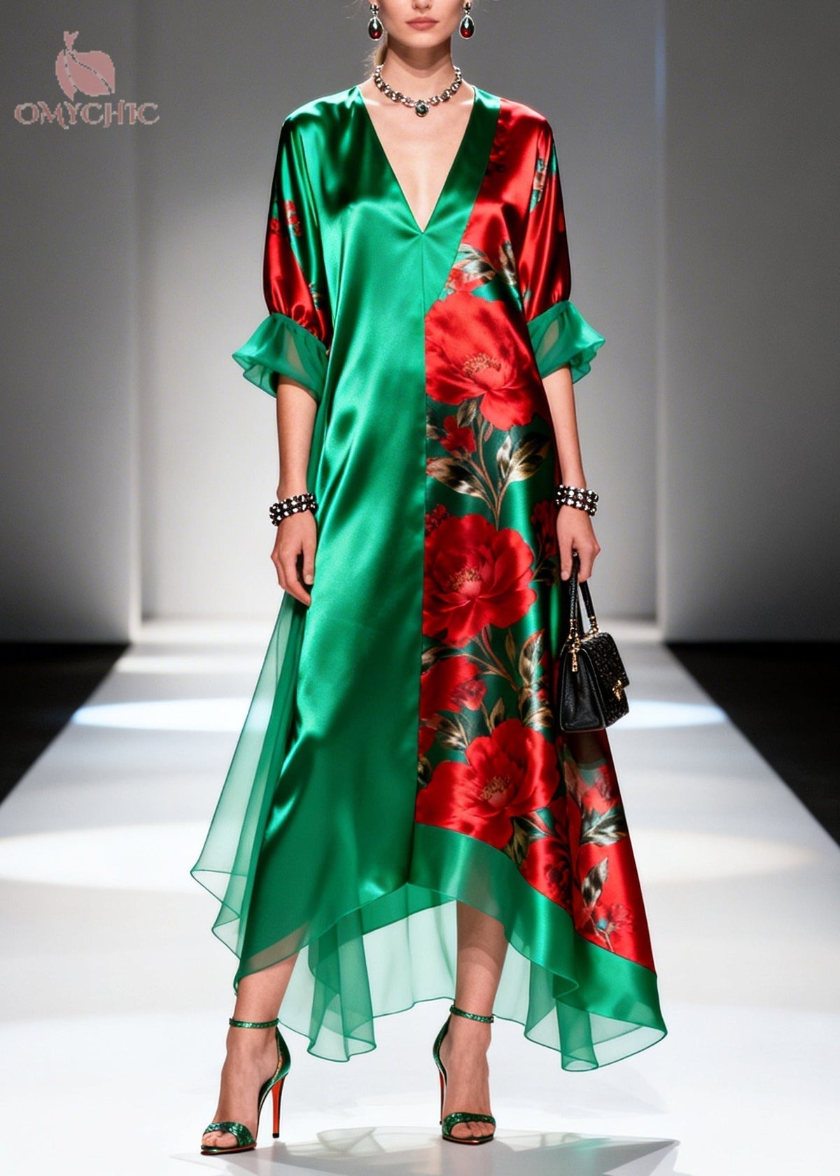 Satin Rose Print Panel Deep V-Neck Ruffle Cuff Maxi Dress