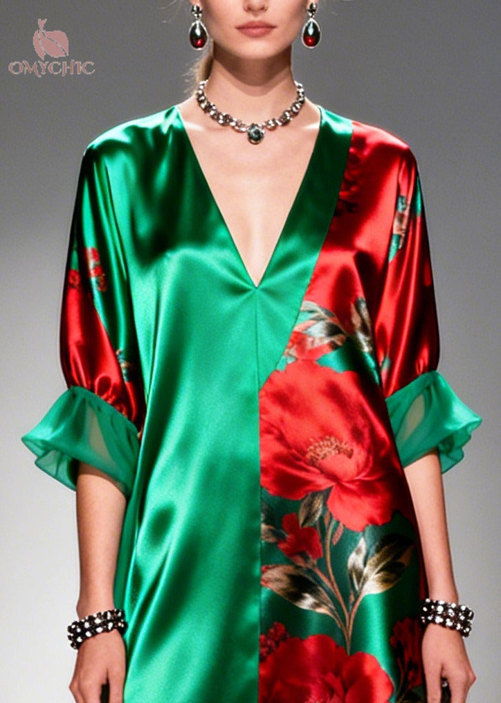 Satin Rose Print Panel Deep V-Neck Ruffle Cuff Maxi Dress - View 2