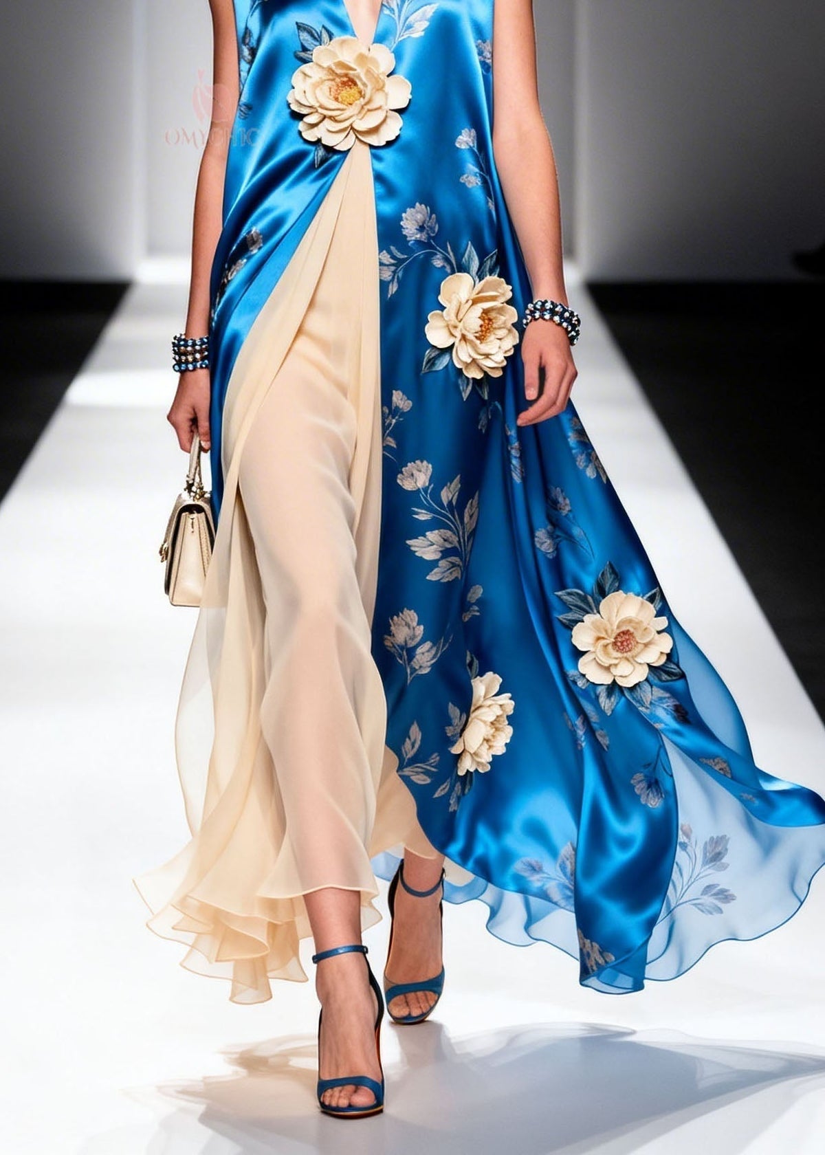 Satin Floral Print Deep V-Neck 3D Floral Applique Tulle Maxi Gown - View 4