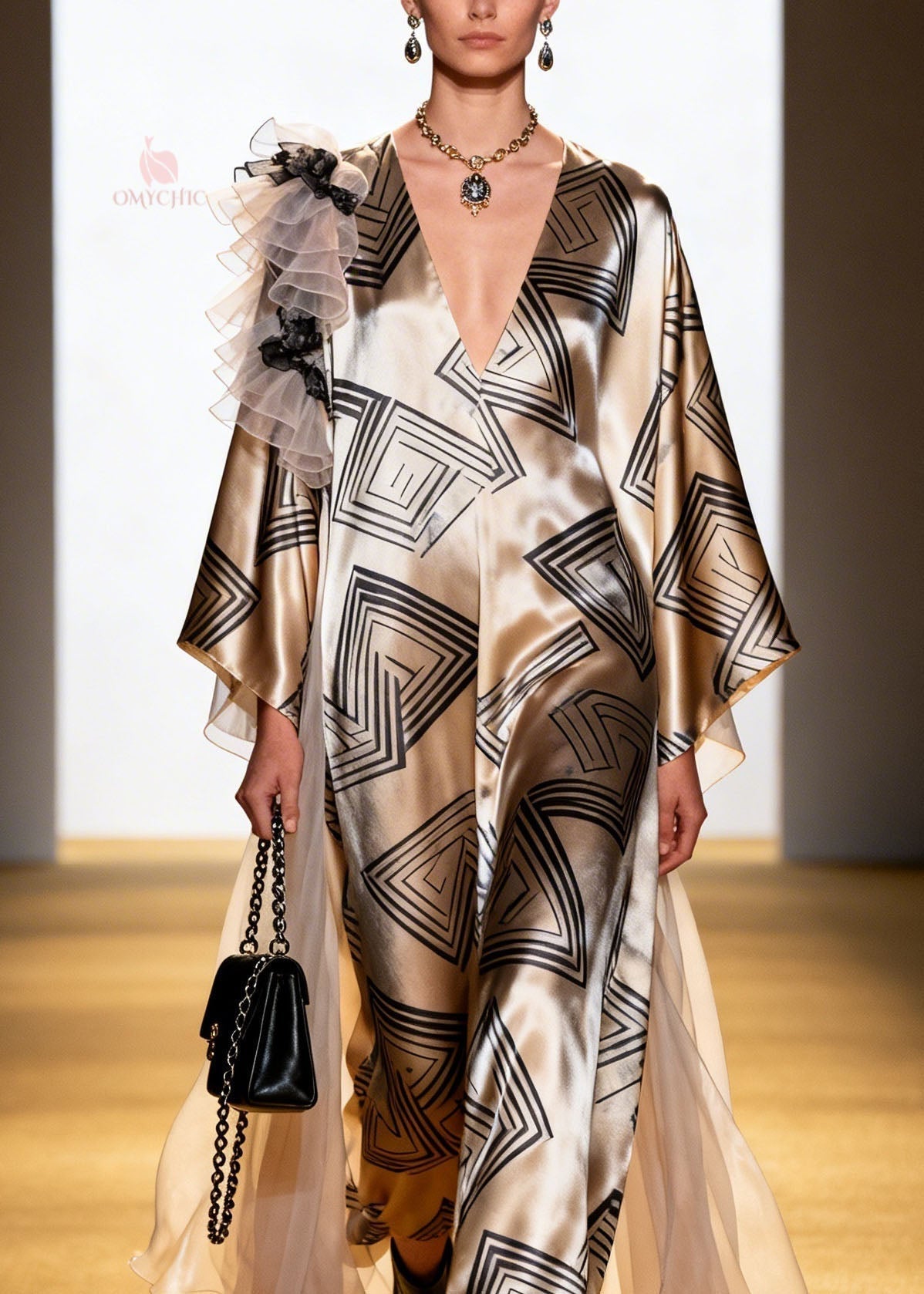 Geometric Print Deep V-Neck Sleeve Shoulder Ruffle Maxi Dress - View 2